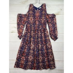 Xhilaration Dress XL Blue Floral Cold Shoulder Chiffon Lined Smocked Waist Boho